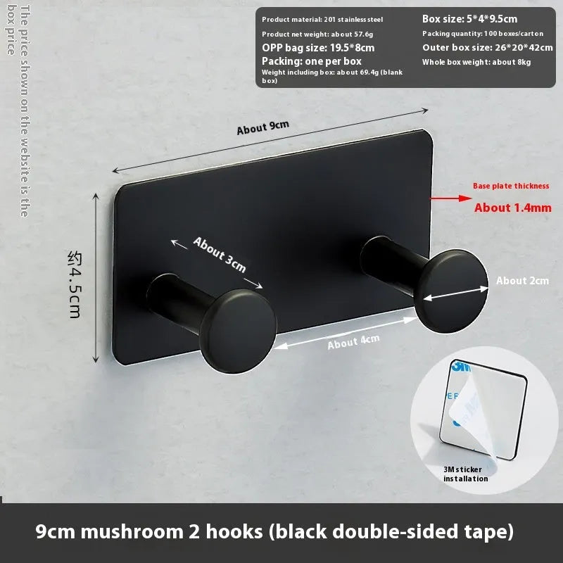 Screwless punch-free wall hook with mushroom hooks for shower doors, white double-sided tape mounting
