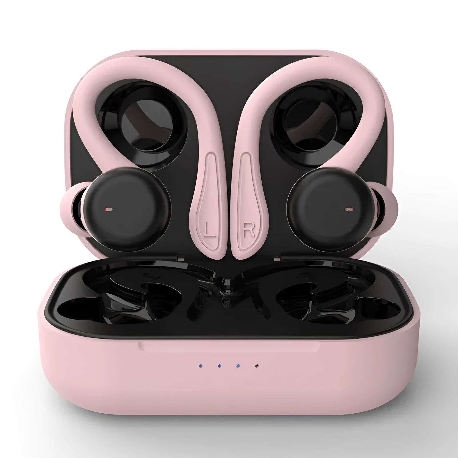 True wireless sports headphones with active noise cancelling shown in black, with removable ear hooks and multiple earbud sizes.