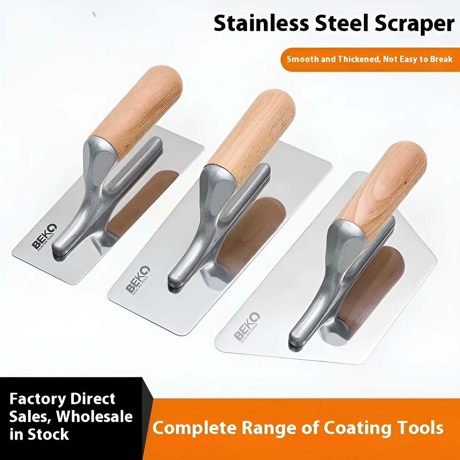 Stainless steel putty scraper with wooden handle for decorative floor and wall compound application