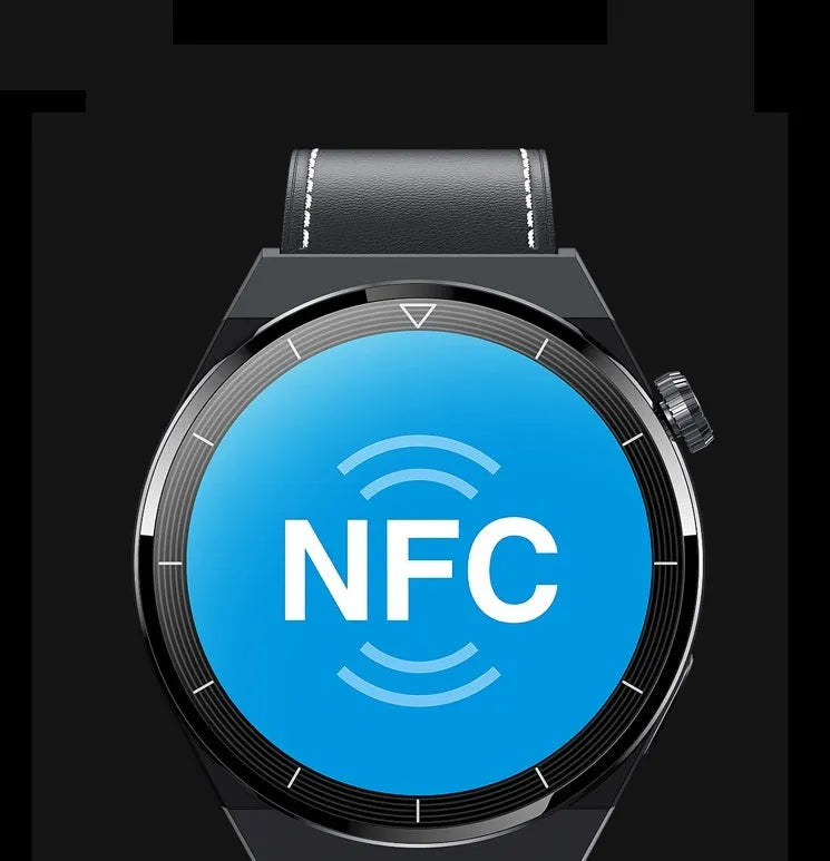 Black and silver Android smart watch with circular screen and silicone band for Bluetooth calls and NFC access.