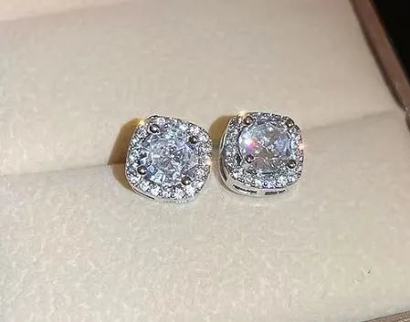 Square geometric stud earrings with diamond treatment in silver and gold colour options