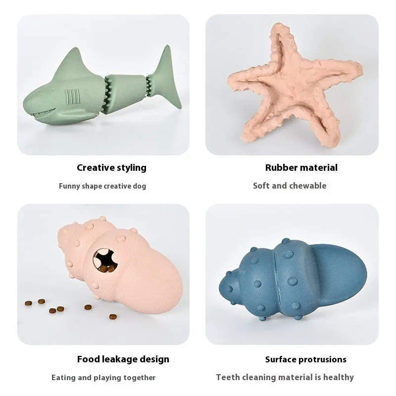 Blue rubber shark dog toy with conch shell texture design for chewing play