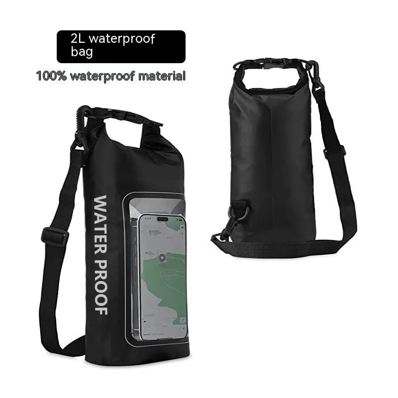 Army Green PVC waterproof crossbody bag with strap, shown in 2L and 5L sizes for swimming and beach use.