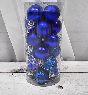 3 cm shiny matte finish Christmas tree bauble ornament in assorted colours including red, gold, and silver.