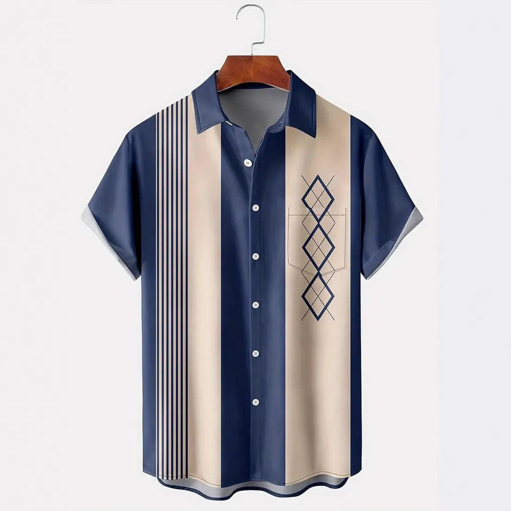 Men's loose plaid short-sleeve shirt with lapel collar on a hanger