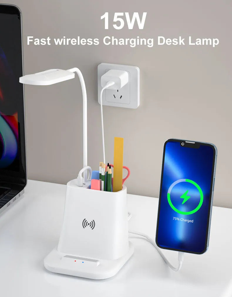 Wireless charging lamp with integrated pen holder and storage box in modern simplicity design