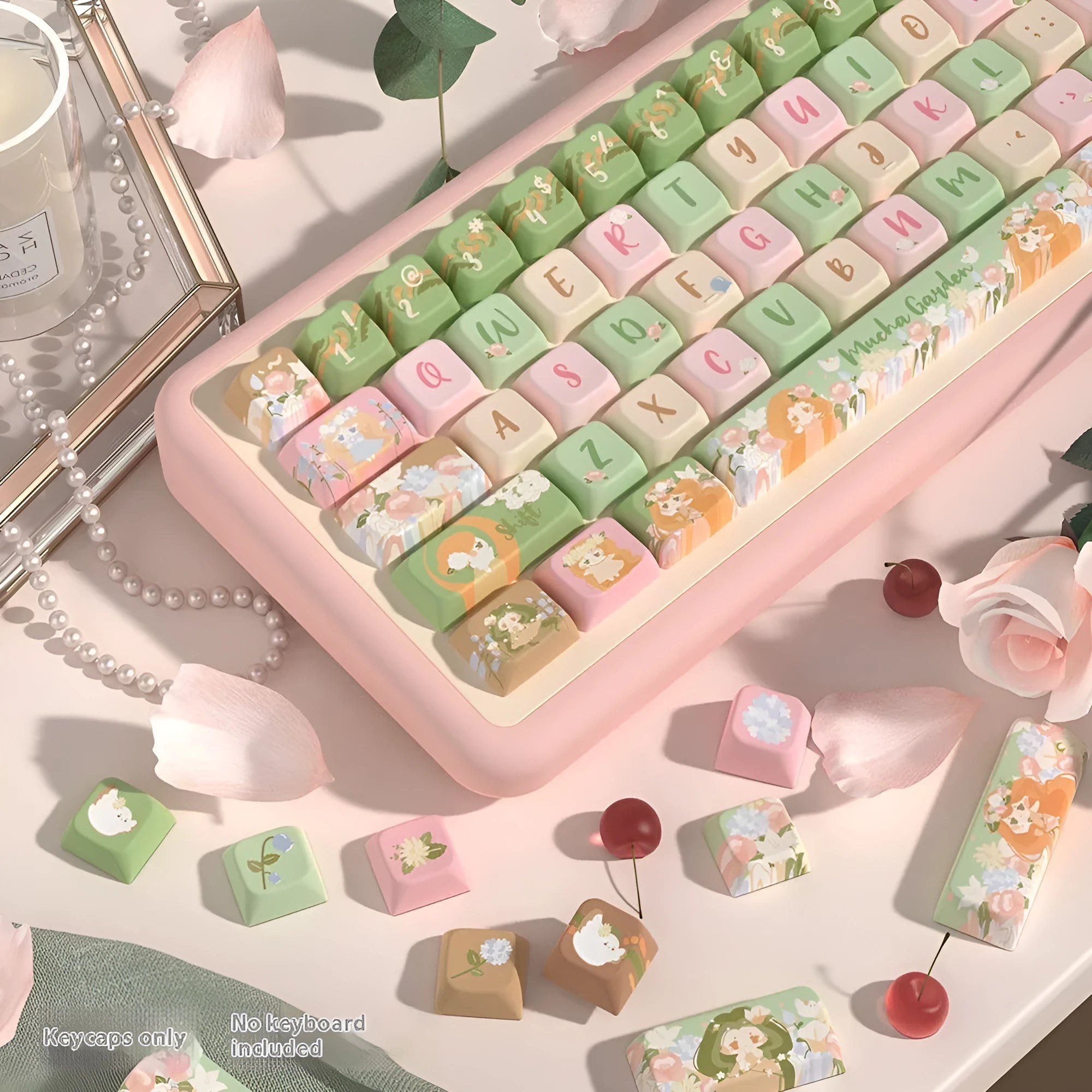 Sublimated summer garden floral design key cap set for mechanical keyboards, shown in 138-key and 158-key options.