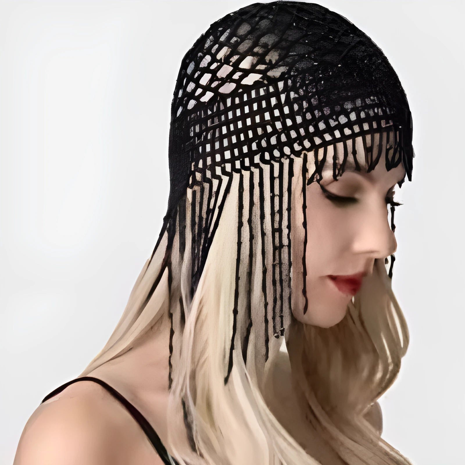 Belly dance hat with alloy frame, beaded ornamentation and tassels in silver or black