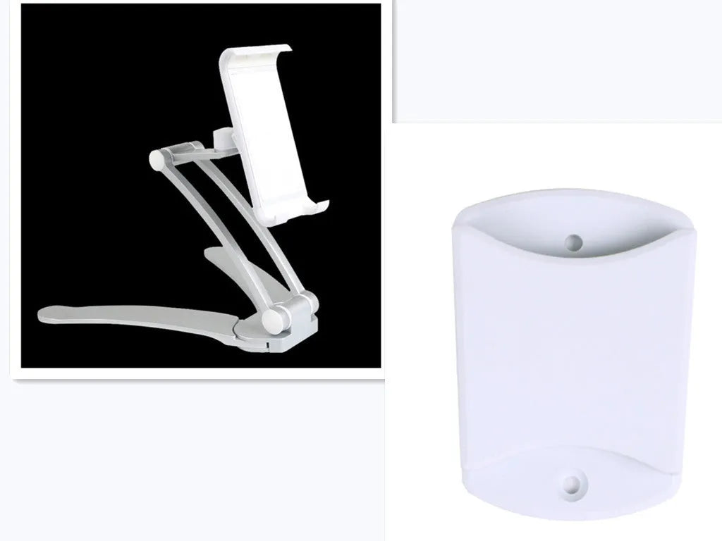 Silver aluminium alloy desktop tablet stand holding a tablet at an adjustable angle with a white mounting base.