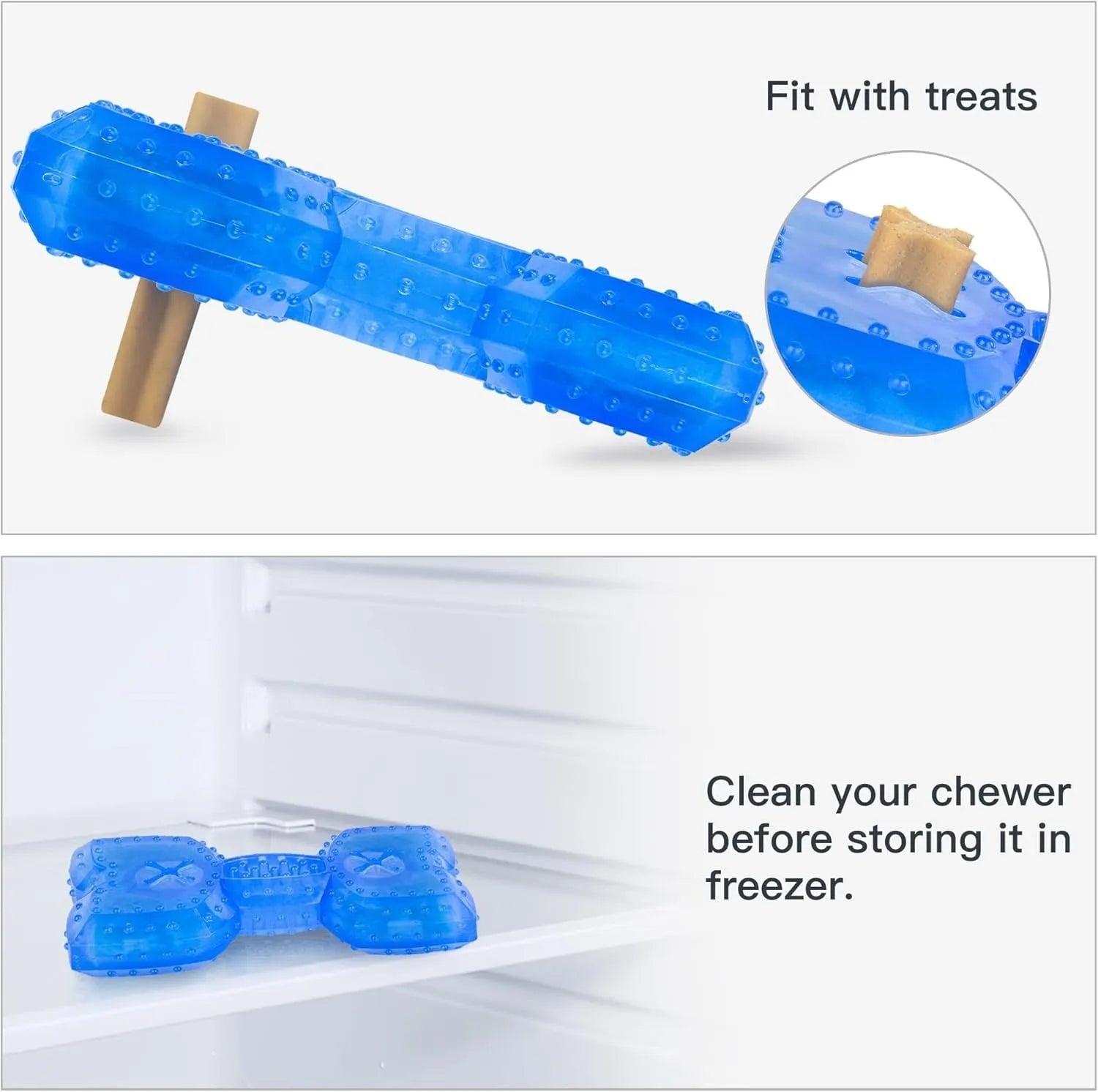 Freezable blue dog chew toy for teething puppies and cooling relief.