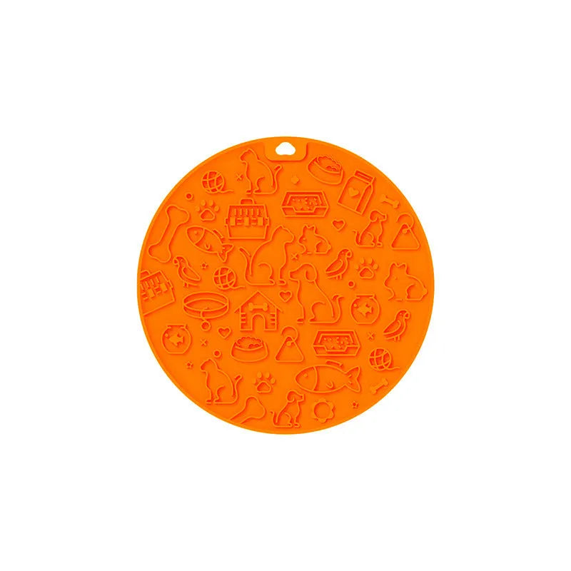 Round silicone pet licking mat with suction cups in blue, grey, mint, orange, and pink colours.
