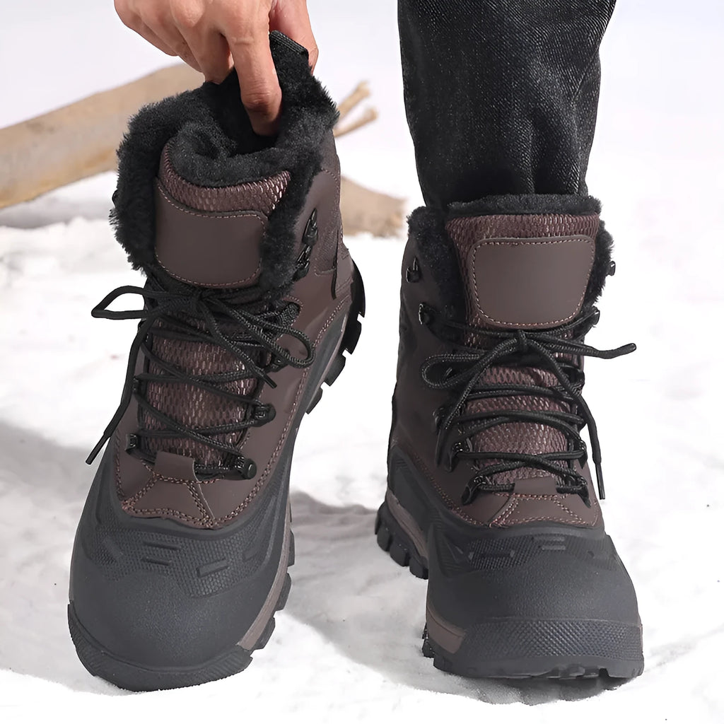 Men's black fleece-lined high-top boots with khaki velvet lining and lace-up front.