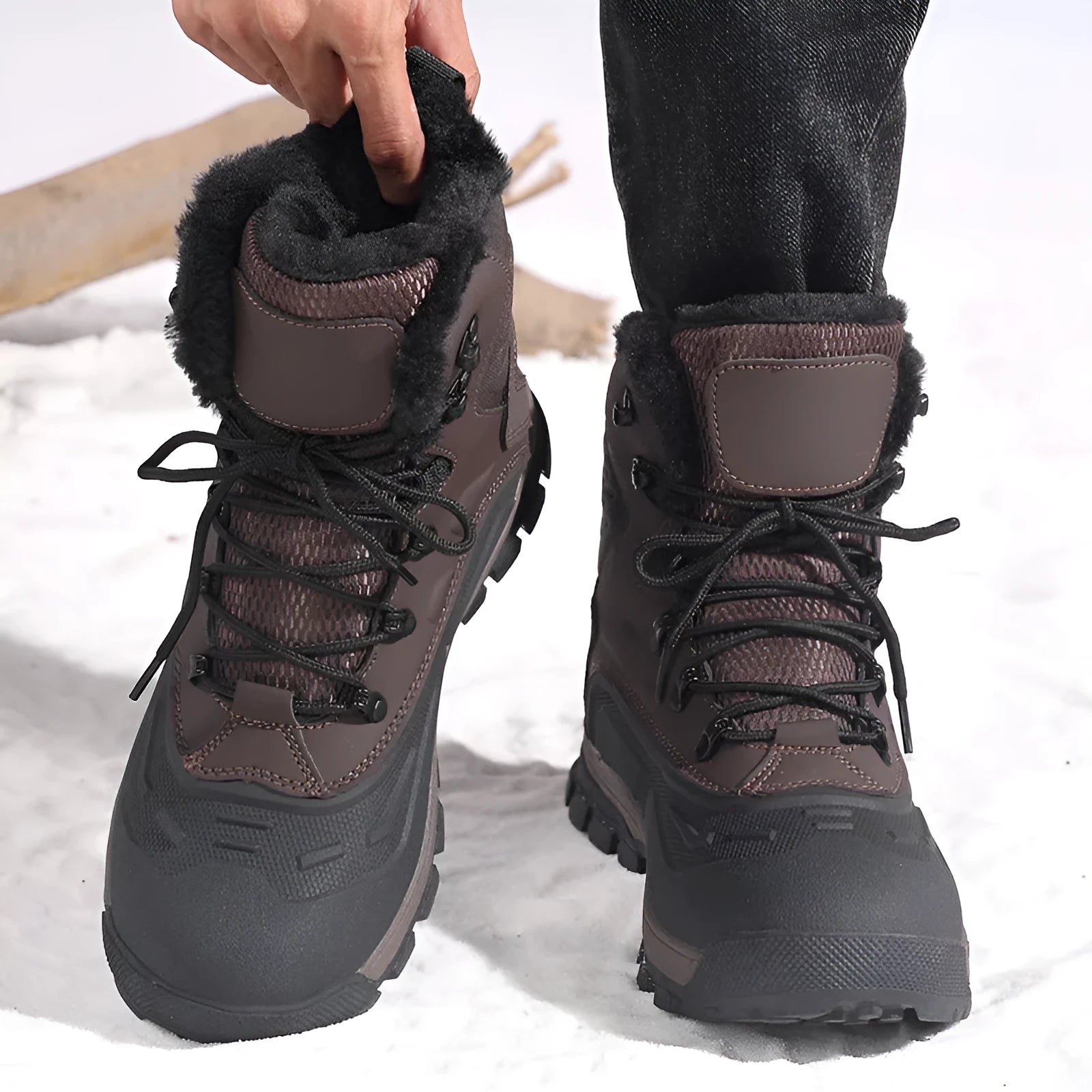 Men's black fleece-lined high-top boots with khaki velvet lining and lace-up front.