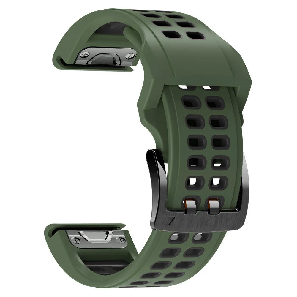 Two-colour silicone quick release watch strap with pin buckle in black and orange combination
