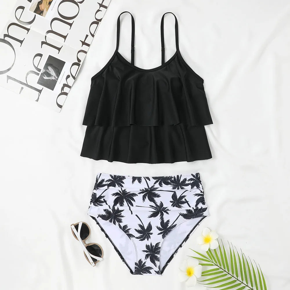 Women's high waist double-layer swimsuit bikini set in black and coconut tree print colours