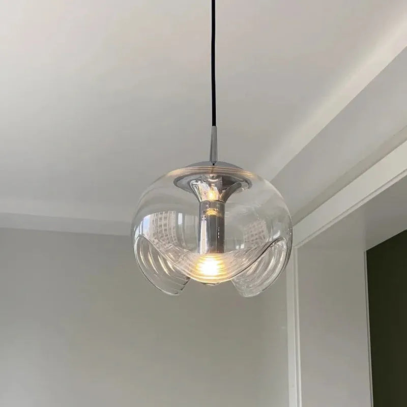 Modern minimalist glass chandelier bedside lamp with 250mm size shown in transparent, amber, and smoky grey colour options