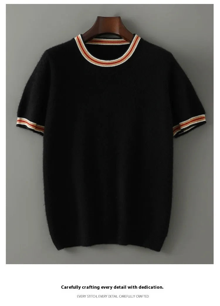 Men's pure wool short sleeve sweater in grey showing round neck and pullover design