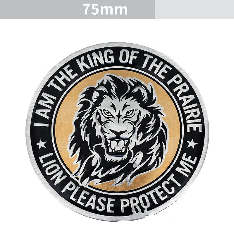 Aluminium car body sticker pack showing eagle, tiger, round lion, round wolf head, and round eagle designs.