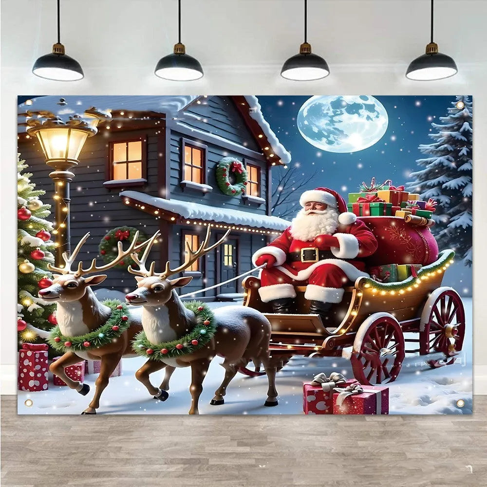 Large red Christmas banner with Santa Claus and gifts measuring 210x150 cm