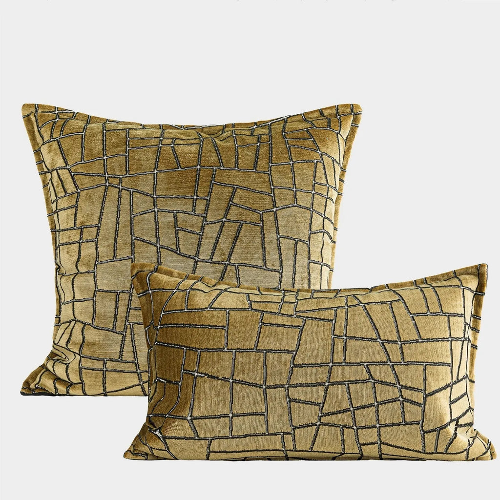 Tuhao Gold geometric abstract pillow cover in feather velvet texture on sofa
