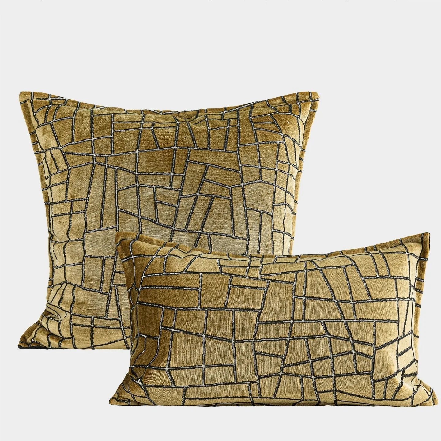 Tuhao Gold geometric abstract pillow cover in feather velvet texture on sofa