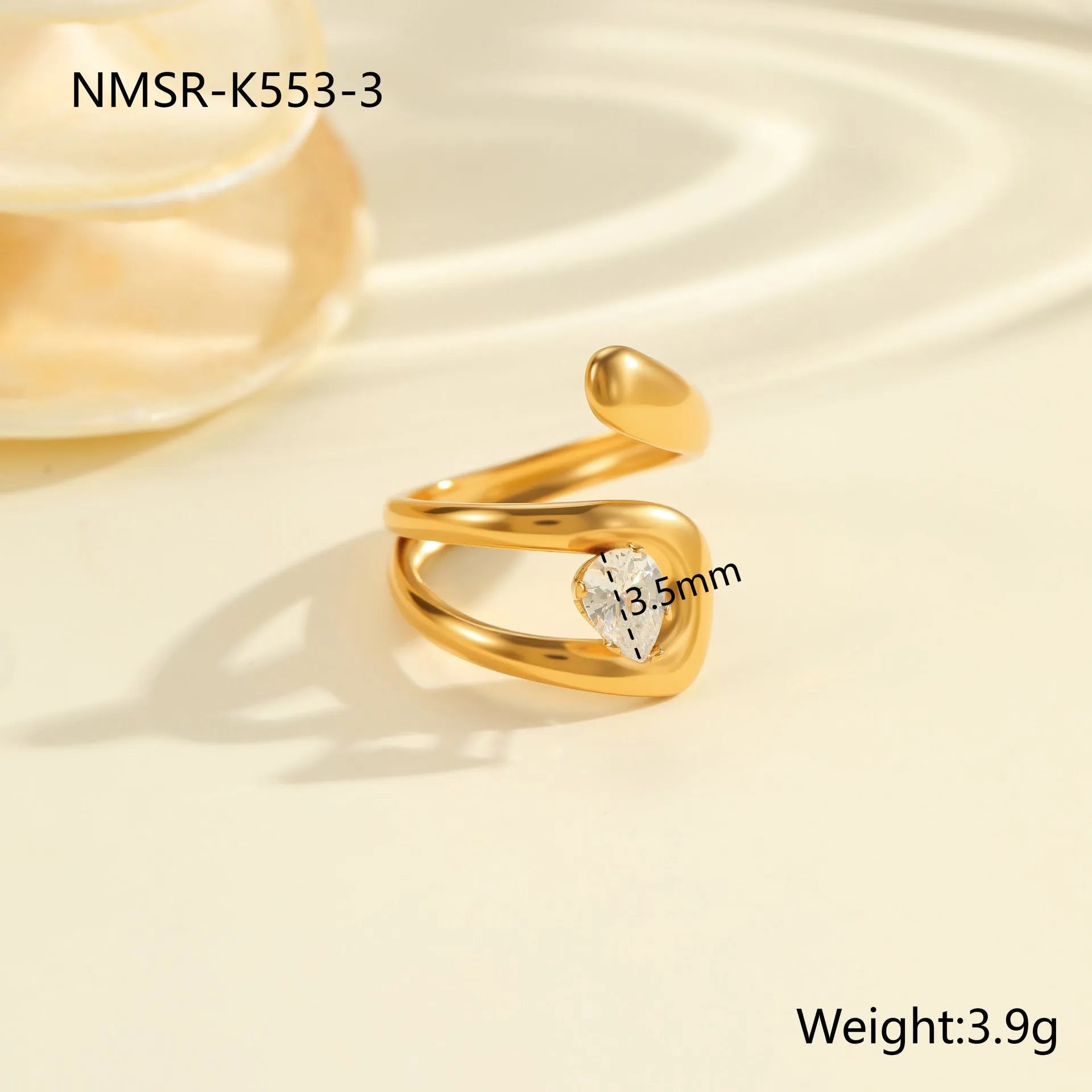 Geometric stainless steel zircon ring with open mouth design showing round, oval and quadrangle elements