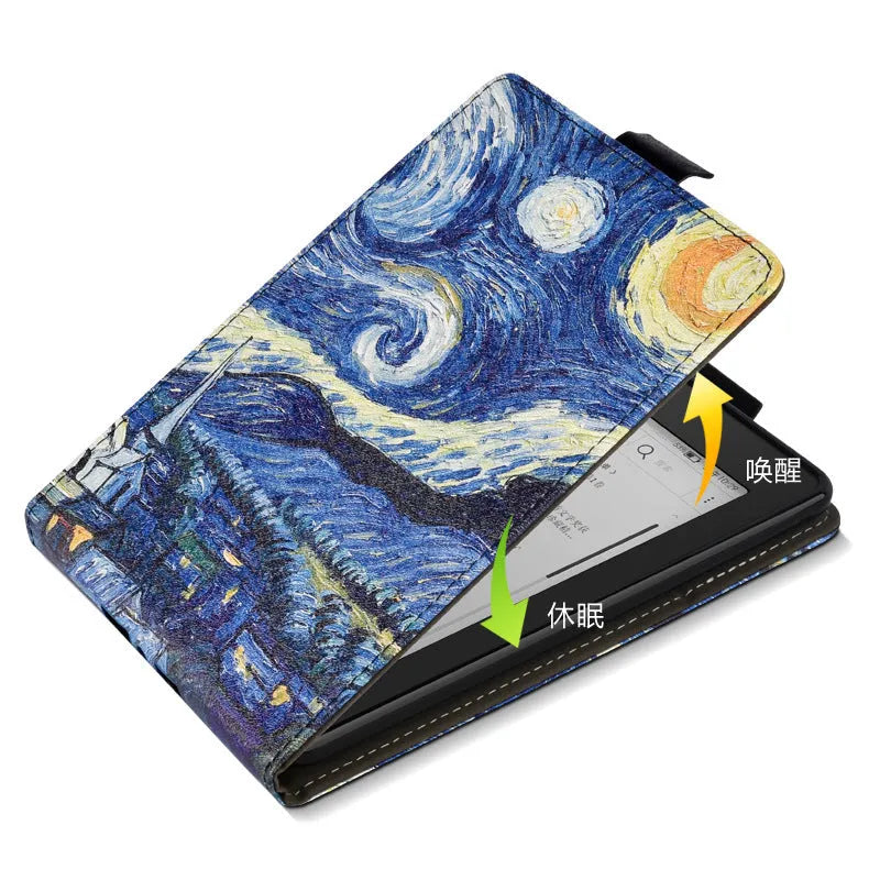 6-inch Kindle Paperwhite case with bracket stand in Van Gogh starry night design