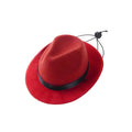 Small pink wool felt pet sun hat with hairpin accessory on white background