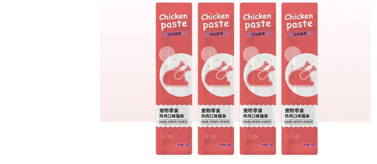 Pack of 10 cat strip snacks in four different flavours for adult cats.