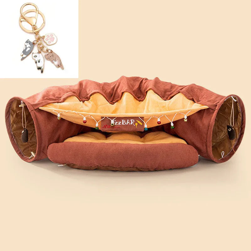 Collapsible cloth cat tunnel toy in choice of colours, shown folded and unfolded