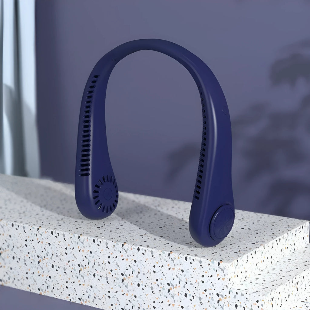 Blue USB rechargeable bladeless neck fan being worn, showing its lightweight design and flexible neckband.