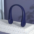 Blue USB rechargeable bladeless neck fan being worn, showing its lightweight design and flexible neckband.