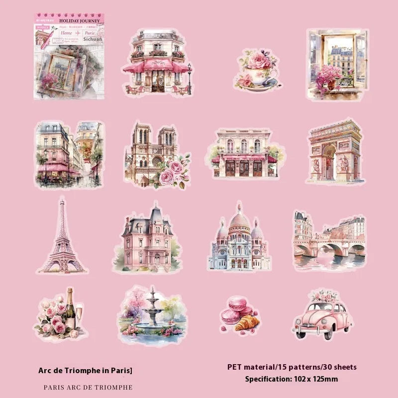 Retro-style printed stickers showing architecture from Paris Arc de Triomphe, London Big Ben, Maldives, Zurich, Rome, and Bangkok.