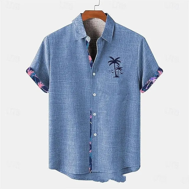 Linen short sleeve shirt with ocean fish pattern on lapel, loose casual fit for teenagers