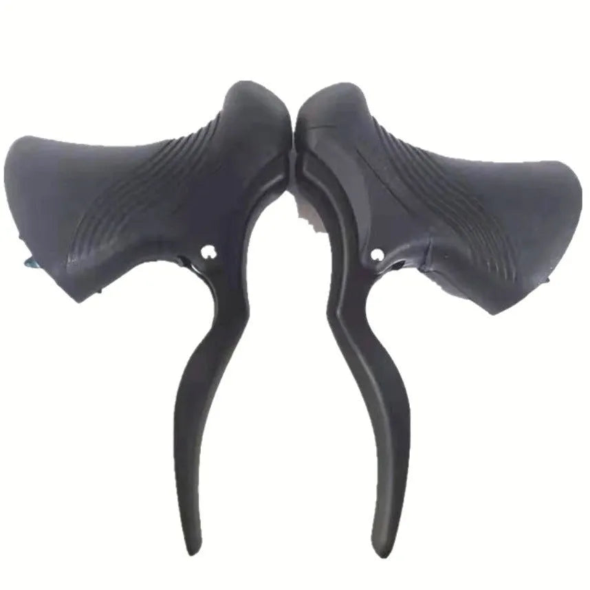 Pair of aluminium alloy road bicycle brake handles in black and black silver finish.