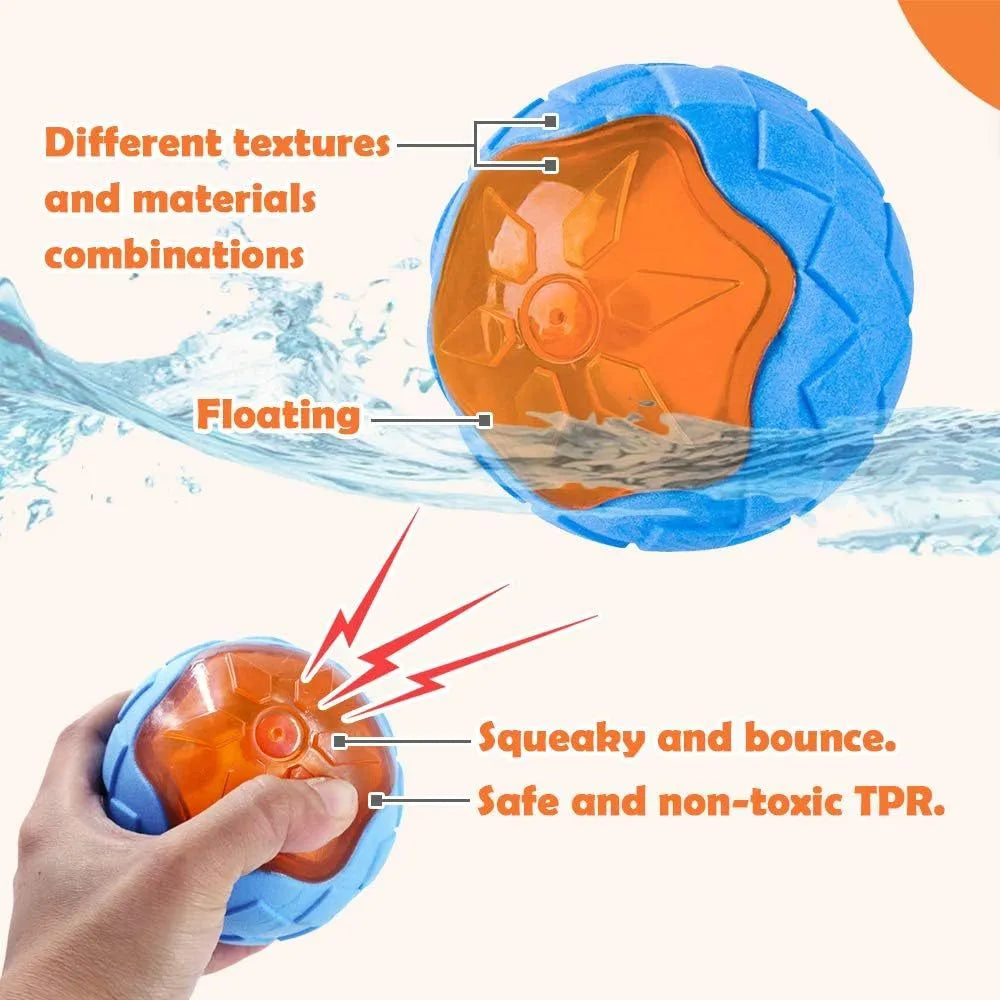 Set of three TPR dog toys: a squeaky ball, barbell, and tyre for floating fetch play.