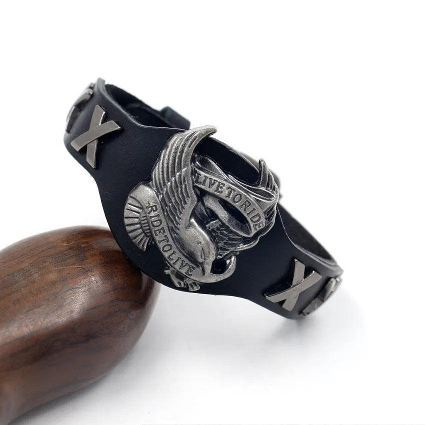Black leather bracelet with alloy eagle watch-button closure, geometric design, 26cm length