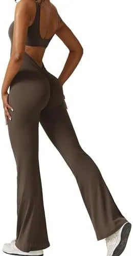 Women's sleeveless flare jumpsuit long pants in Army Green colour for yoga fitness.