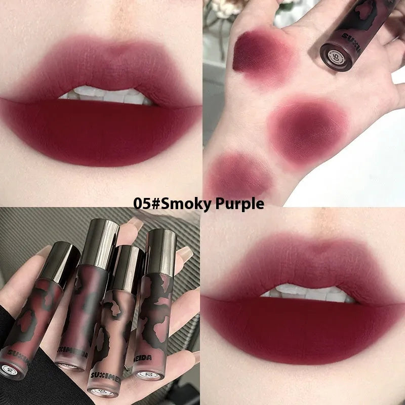 Lava Secret Matte Lip Mud Lipstick tube in one of five colours: orange brown coffee, cool grey, cinnamon coffee, jujube red, or smoked purple.