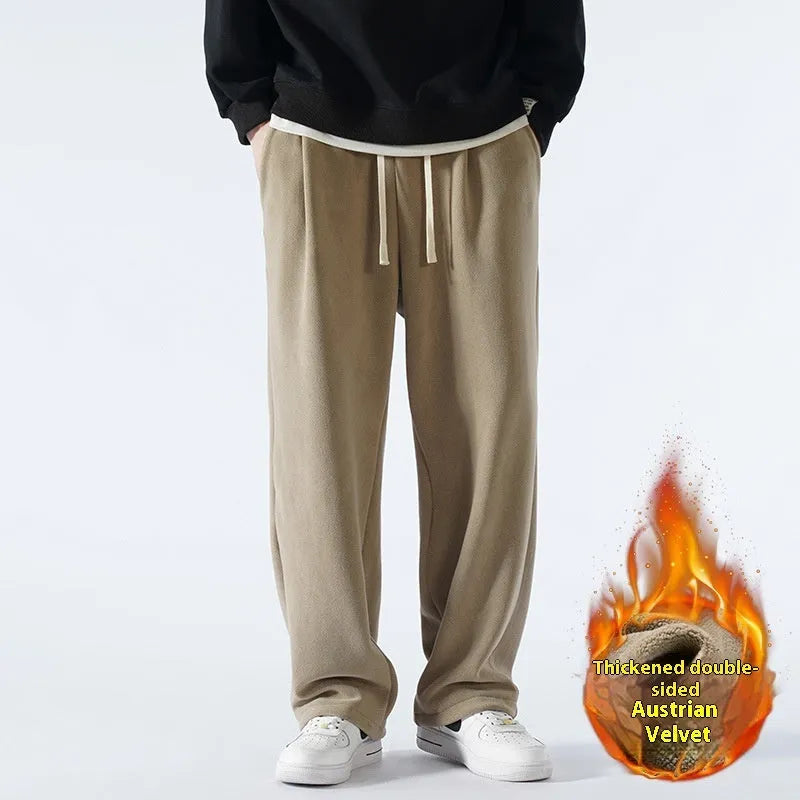 Men's double-sided polar fleece winter sports pants with wool lining in loose Korean style fit