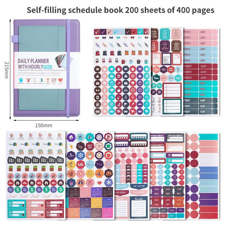 A5 notebook with purple PU cover closed by a black elastic strap