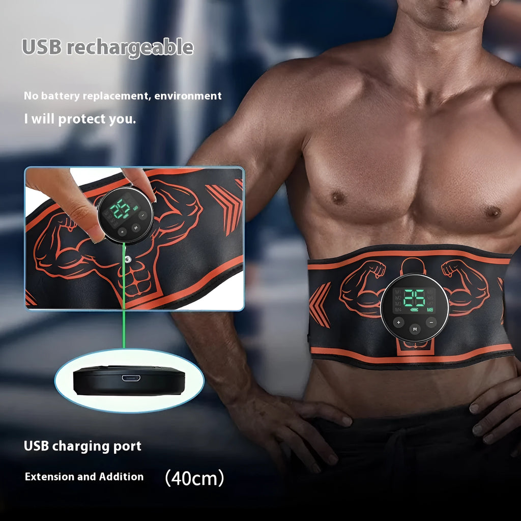 Smart EMS massage belt fitness equipment in orange and blue colours with rechargeable host and arm stickers