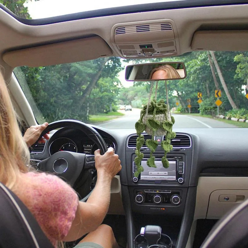 Green and white knitted wool car plant decoration with hanging rope on car dashboard