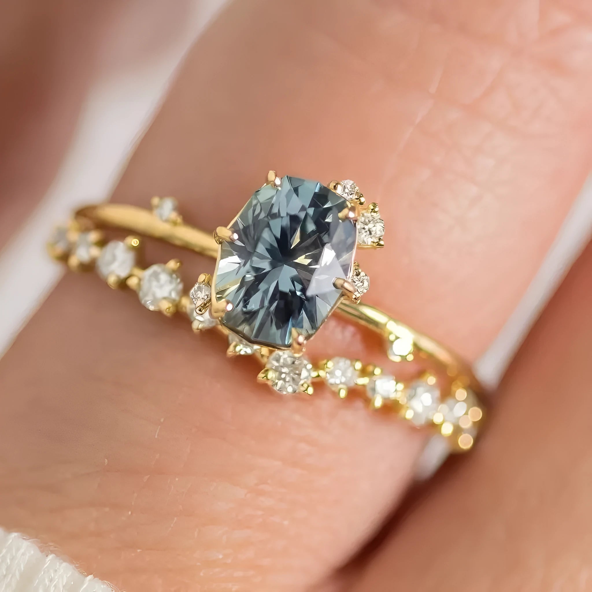 Gold-plated women's ring with green zircon stone in floral design, showing detailed metalwork and stone setting