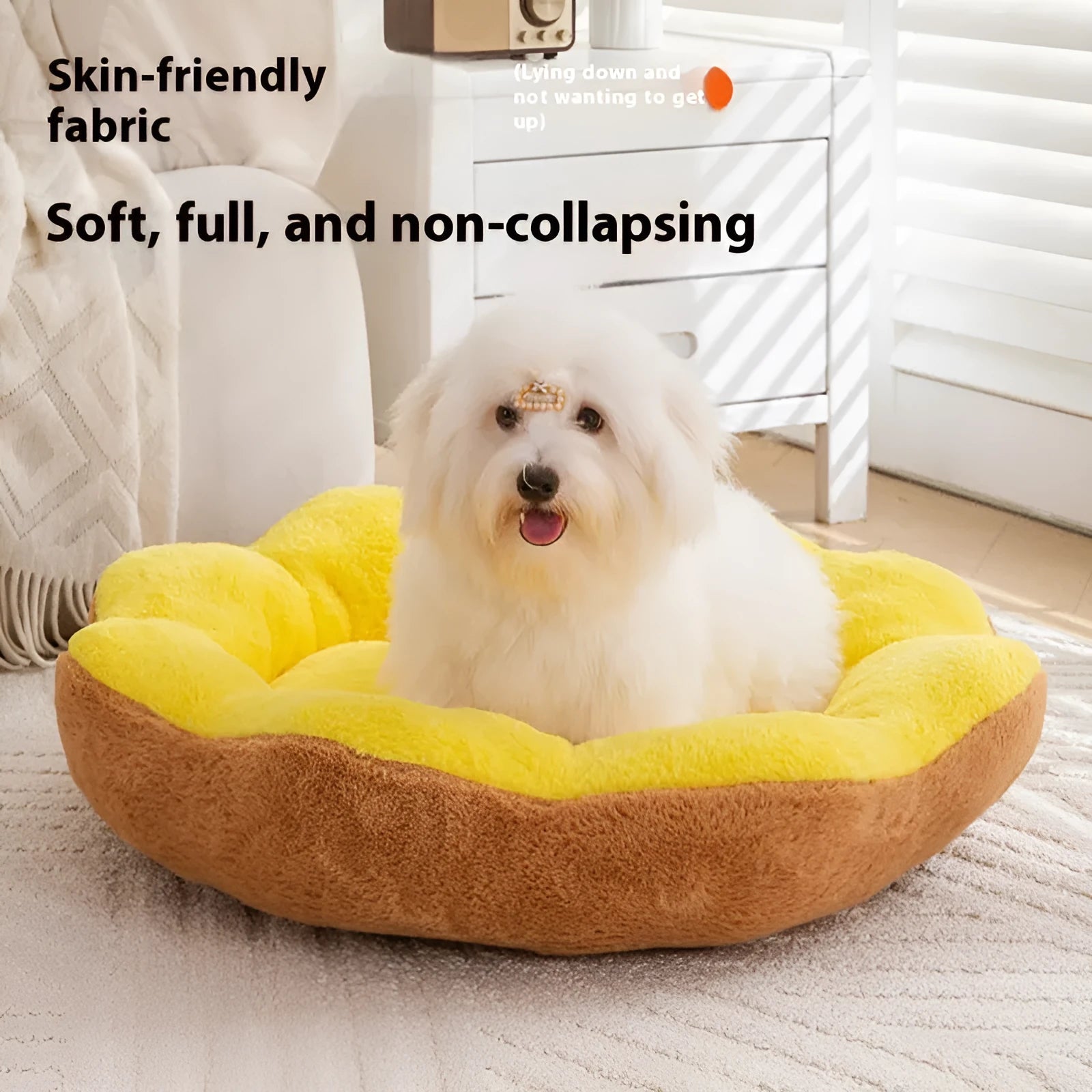 Round rabbit plush cat bed in brown grey colour showing detachable design