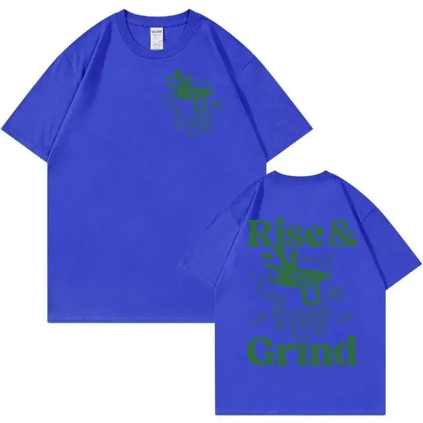 Men's black linen T-shirt with 'Rise And Grind Green Coffee' cartoon and text print in a loose fit