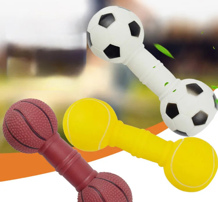 PVC football dumbbell shaped dog toy with squeaker in brown, orange, white and yellow colours