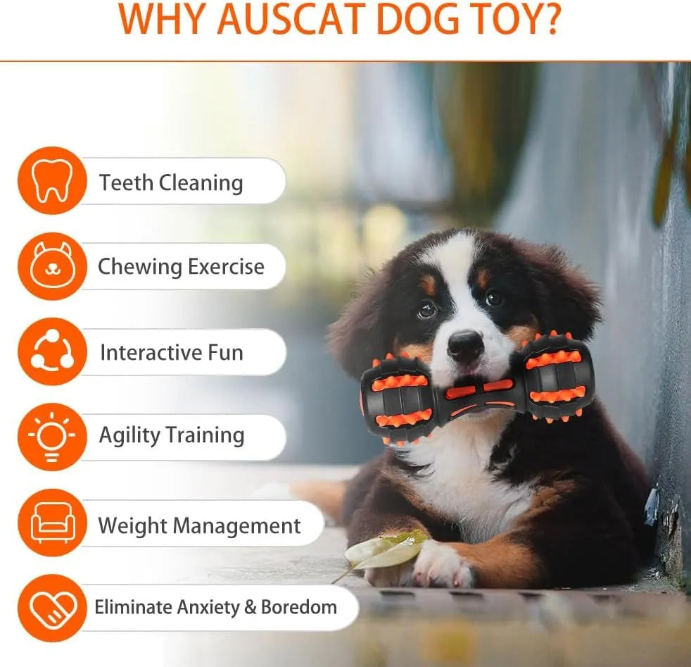 Red rubber dumbbell-shaped dog chew toy for aggressive chewers with measurements shown