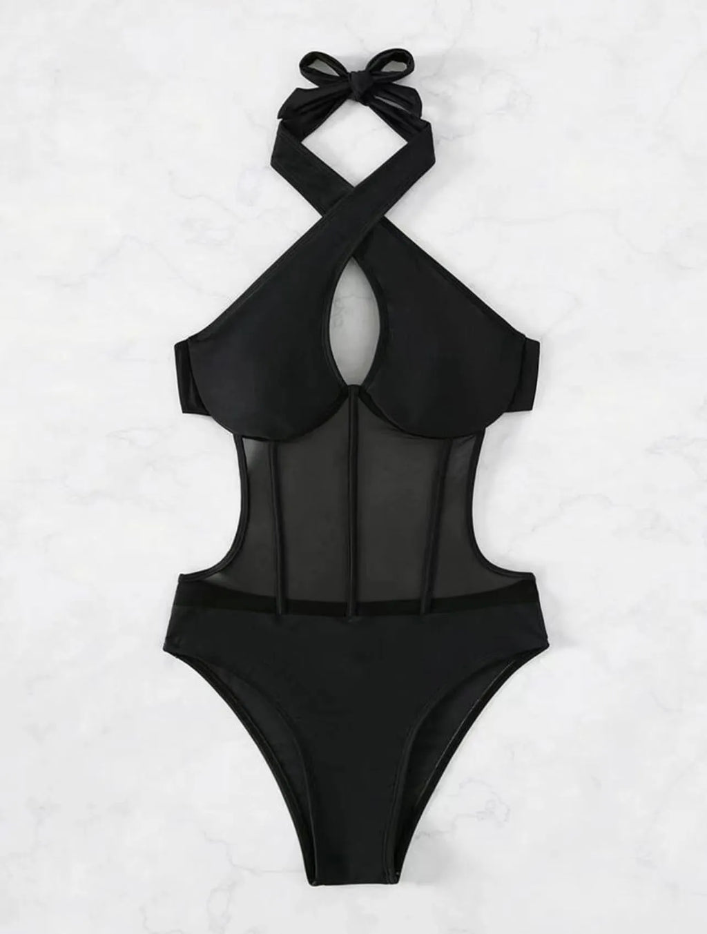 A woman's one-piece swimsuit bikini in a nylon and spandex blend, shown in black, rose red, and green colour options.