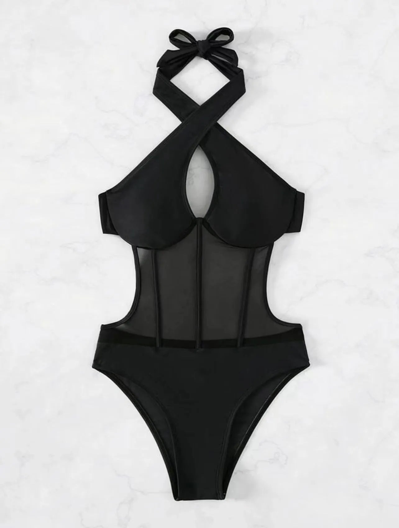 A woman's one-piece swimsuit bikini in a nylon and spandex blend, shown in black, rose red, and green colour options.